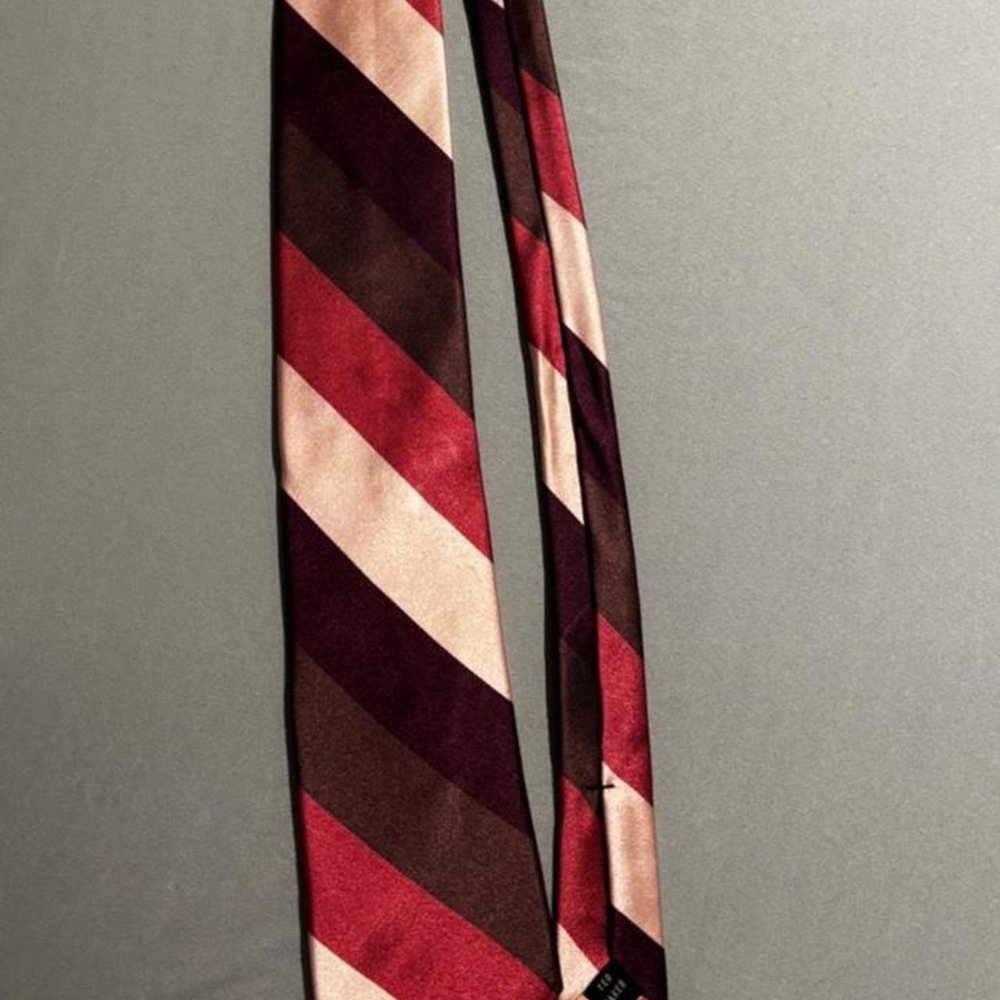 Ted Baker burgundy, beige, and dark brown diagonal striped tie designer luxury